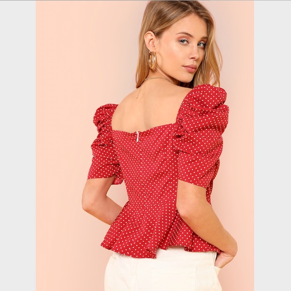 Wrap Front Polka Dot Top Maroon Red Puff Sleeves - Picture 3 of 6